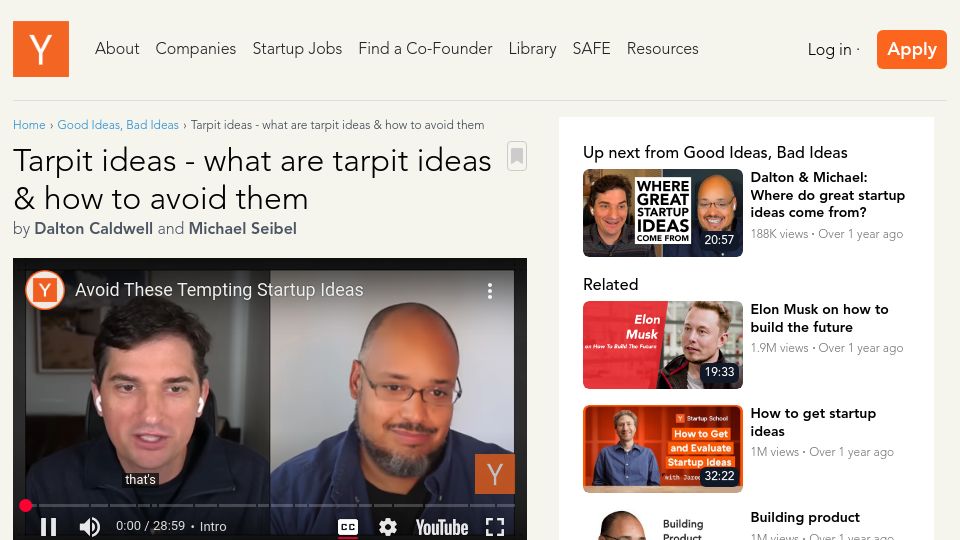 Screenshot of ycombinator.com: Tarpit ideas: What they are and how to avoid them (2023) [video]