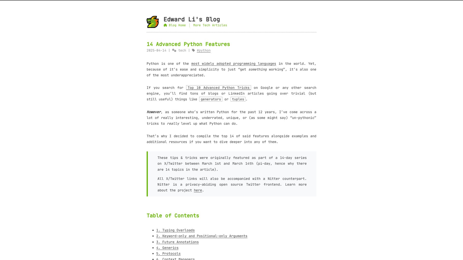 Screenshot of blog.edward-li.com: Advanced Python Features