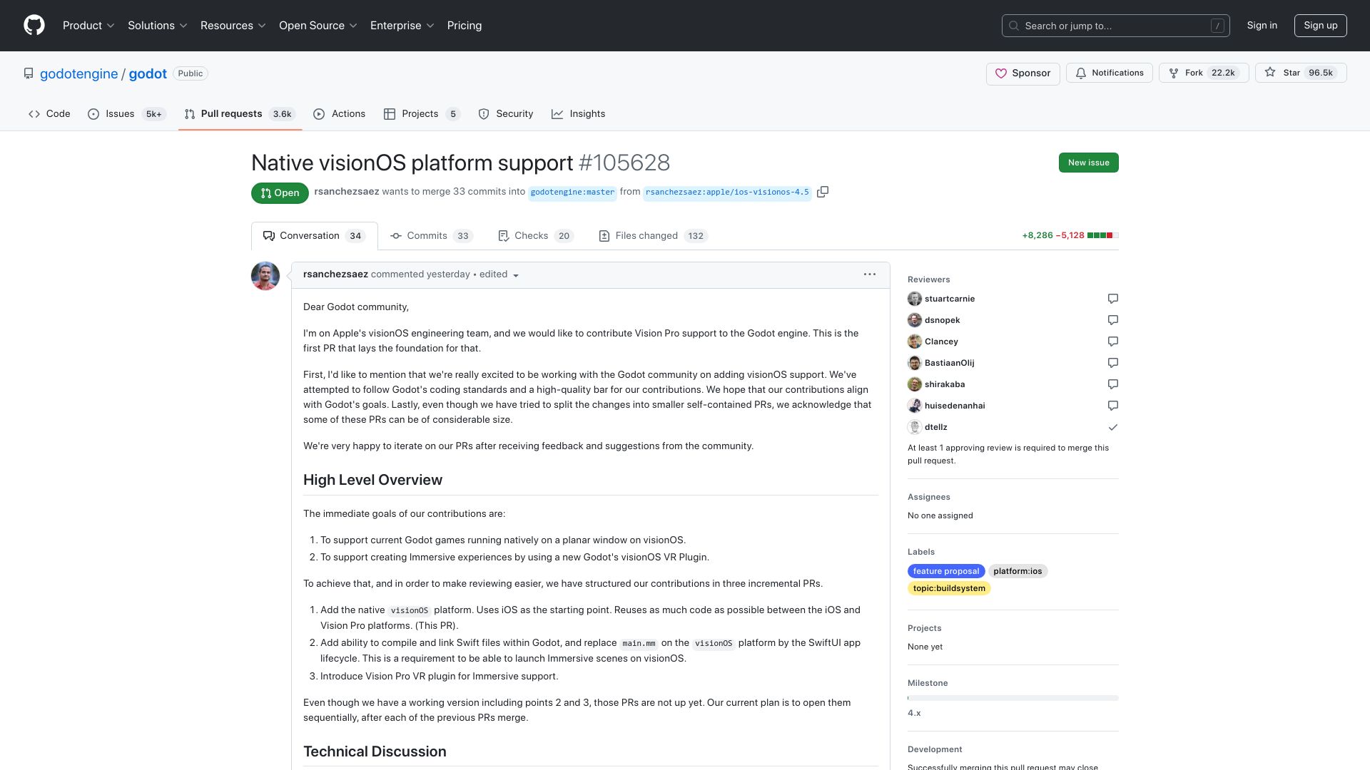 Screenshot of github.com: Native visionOS platform support