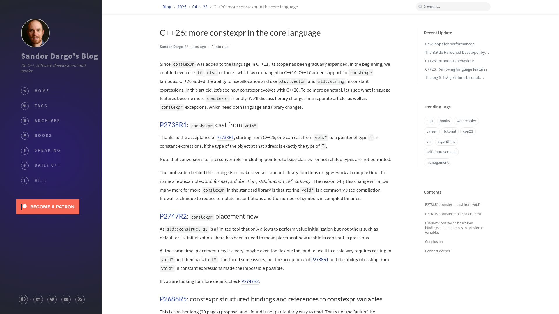 Screenshot of sandordargo.com: C++26: more constexpr in the core language
