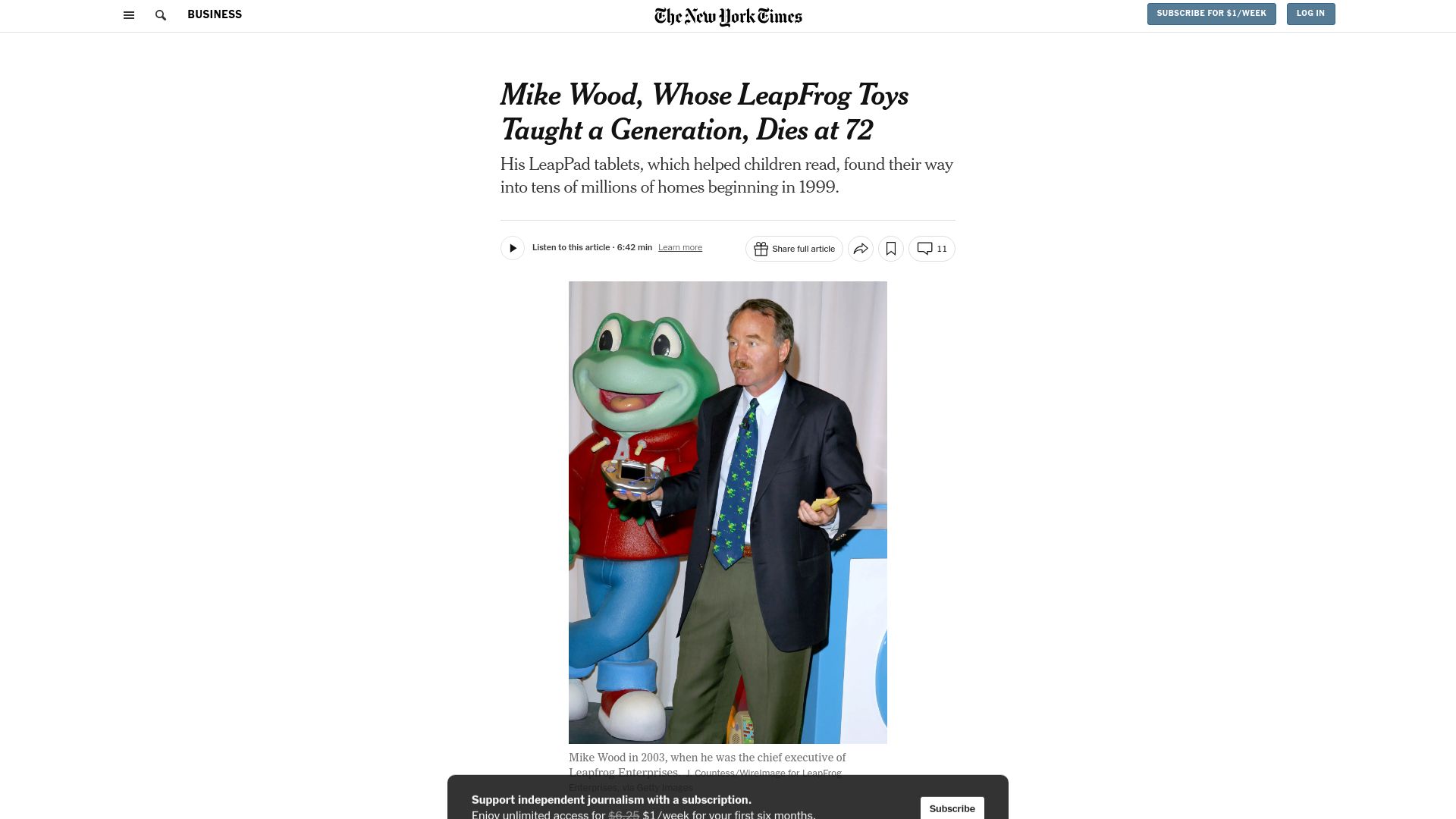 Screenshot of nytimes.com: Mike Wood, Whose LeapFrog Toys Taught a Generation, Dies at 72