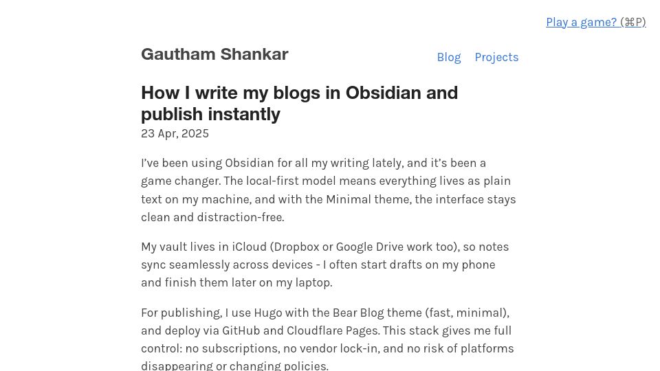 Screenshot of ingau.me: How I blog with Obsidian, Hugo, GitHub, and Cloudflare