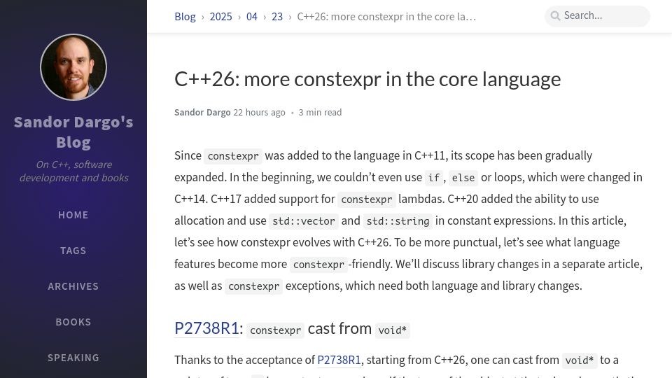 Screenshot of sandordargo.com: C++26: more constexpr in the core language