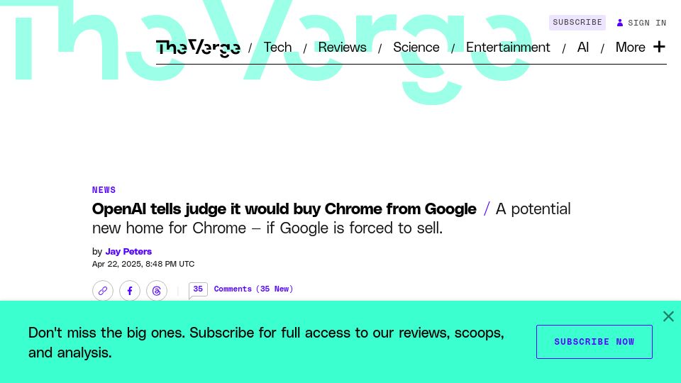 Screenshot of theverge.com: OpenAI tells judge it would buy Chrome from Google