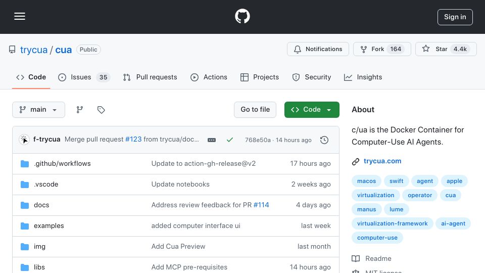 Screenshot of github.com: Launch HN: Cua (YC X25) – Open-Source Docker Container for Computer-Use Agents