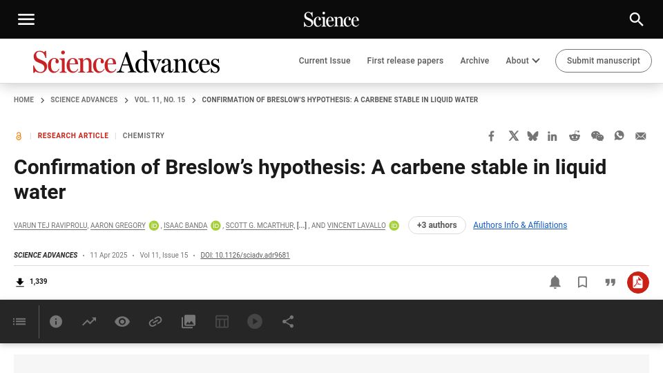 Screenshot of science.org: Confirmation of Breslow's hypothesis: A carbene stable in liquid water