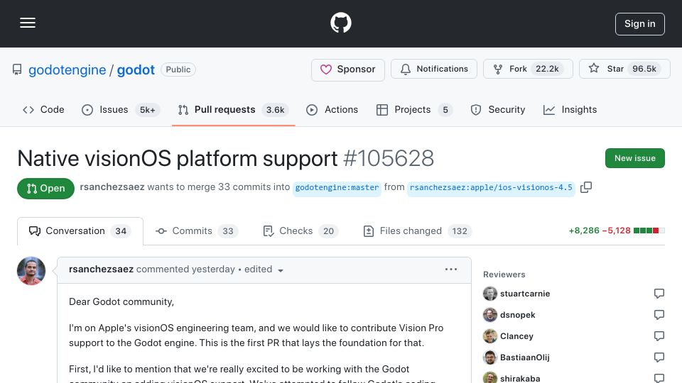Screenshot of github.com: Native visionOS platform support