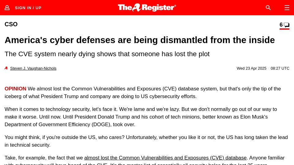 Screenshot of theregister.com: America's cyber defenses are being dismantled from the inside