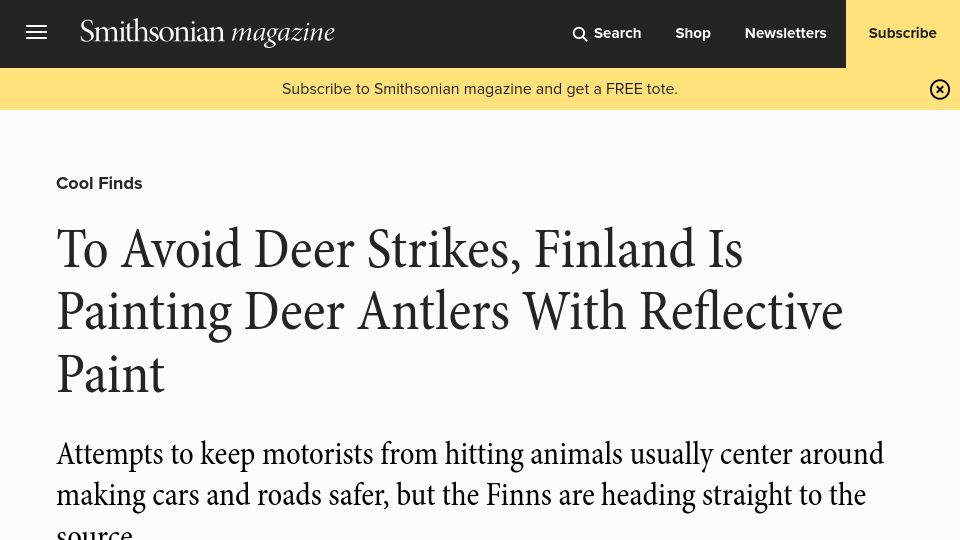 Screenshot of smithsonianmag.com: Finland is painting deer antlers with reflective paint (2014)