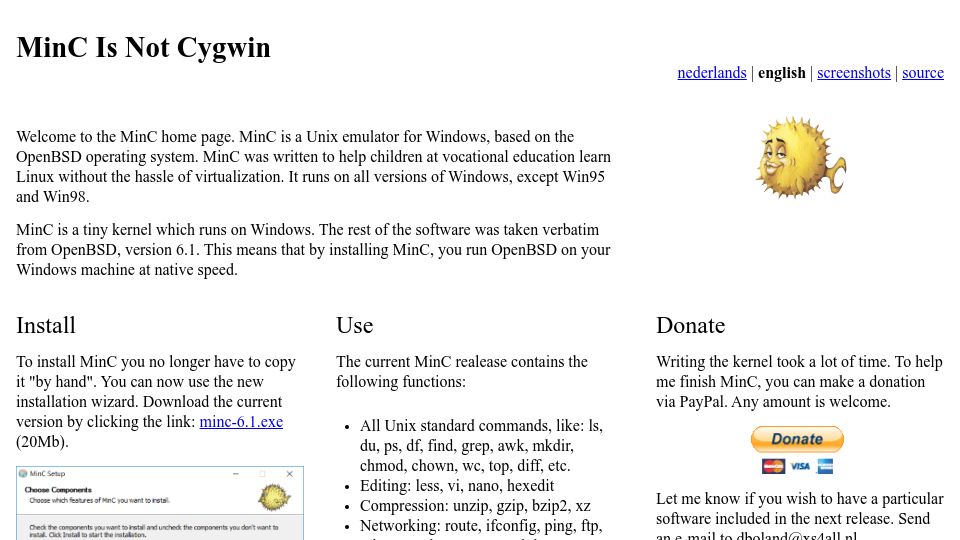 Screenshot of minc.commandlinerevolution.nl: MinC Is Not Cygwin
