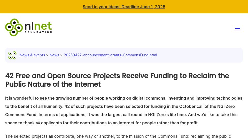Screenshot of nlnet.nl: Open Source Projects Receive Funding to Reclaim the Public Internet