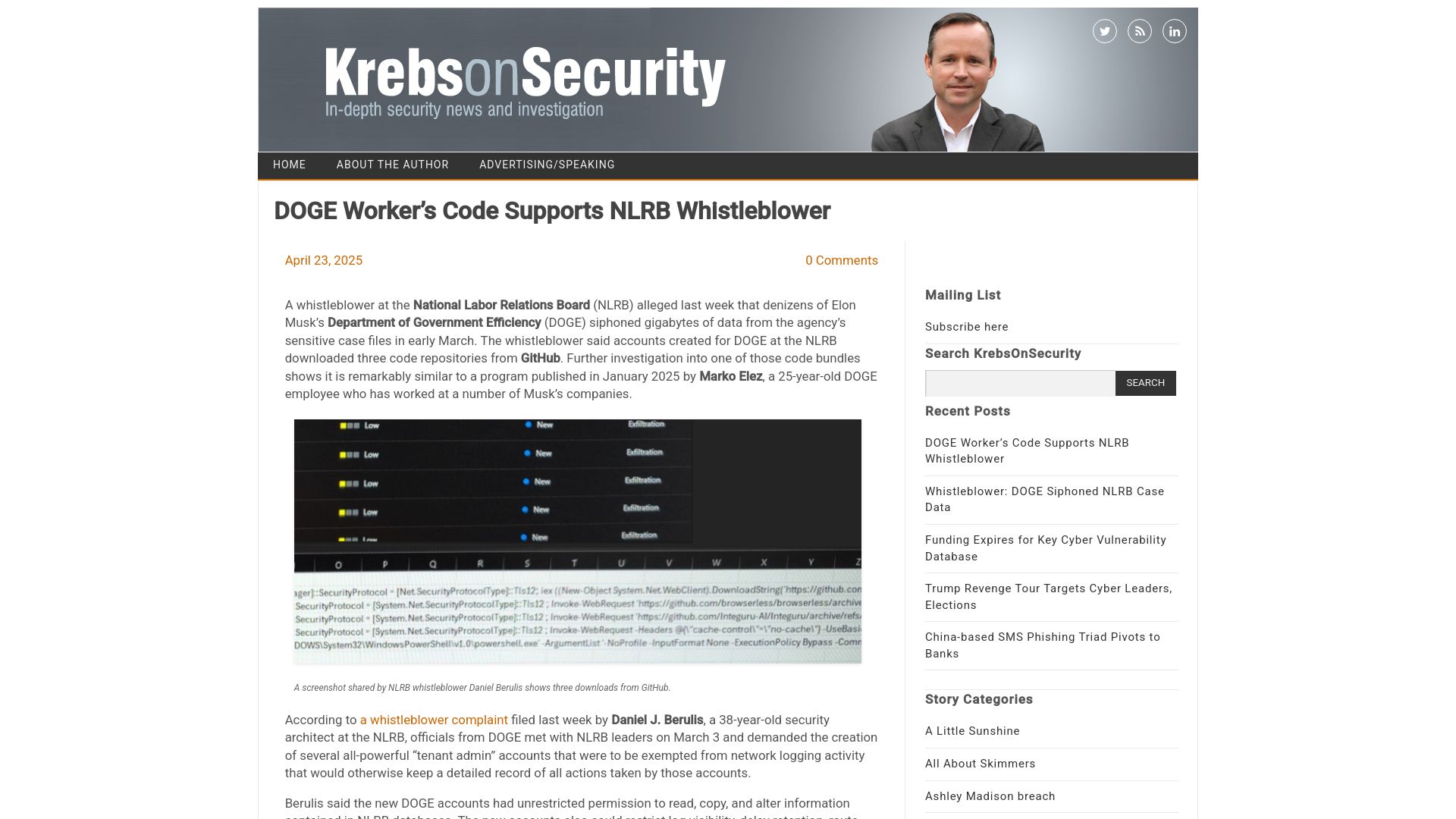 Screenshot of krebsonsecurity.com: DOGE worker’s code supports NLRB whistleblower