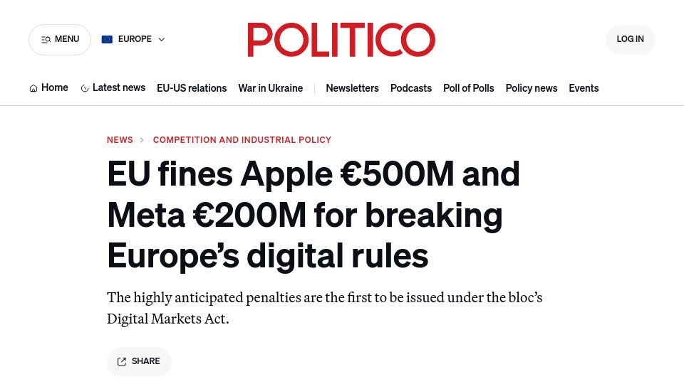 Screenshot of politico.eu: EU fines Apple €500M and Meta €200M