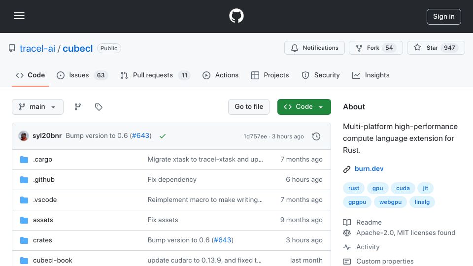 Screenshot of github.com: CubeCL: GPU Kernels in Rust for CUDA, ROCm, and WGPU