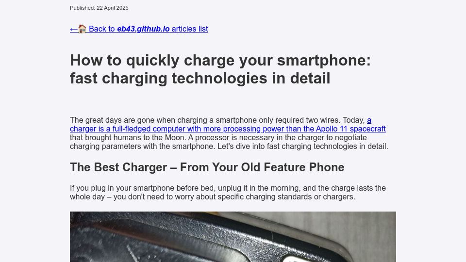 Screenshot of eb43.github.io: How to quickly charge your smartphone: fast charging technologies in detail