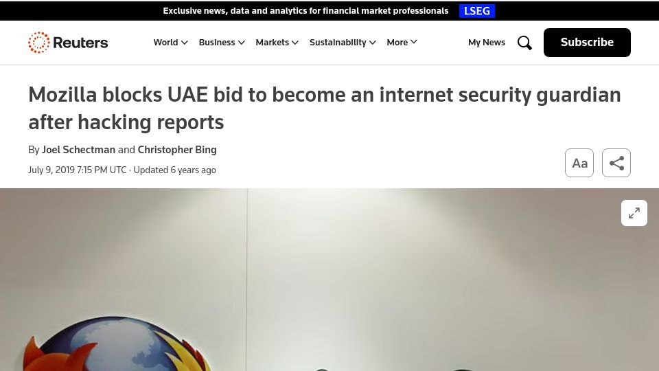 Screenshot of reuters.com: Mozilla blocks UAE for internet security guardian after hacking reports (2019)