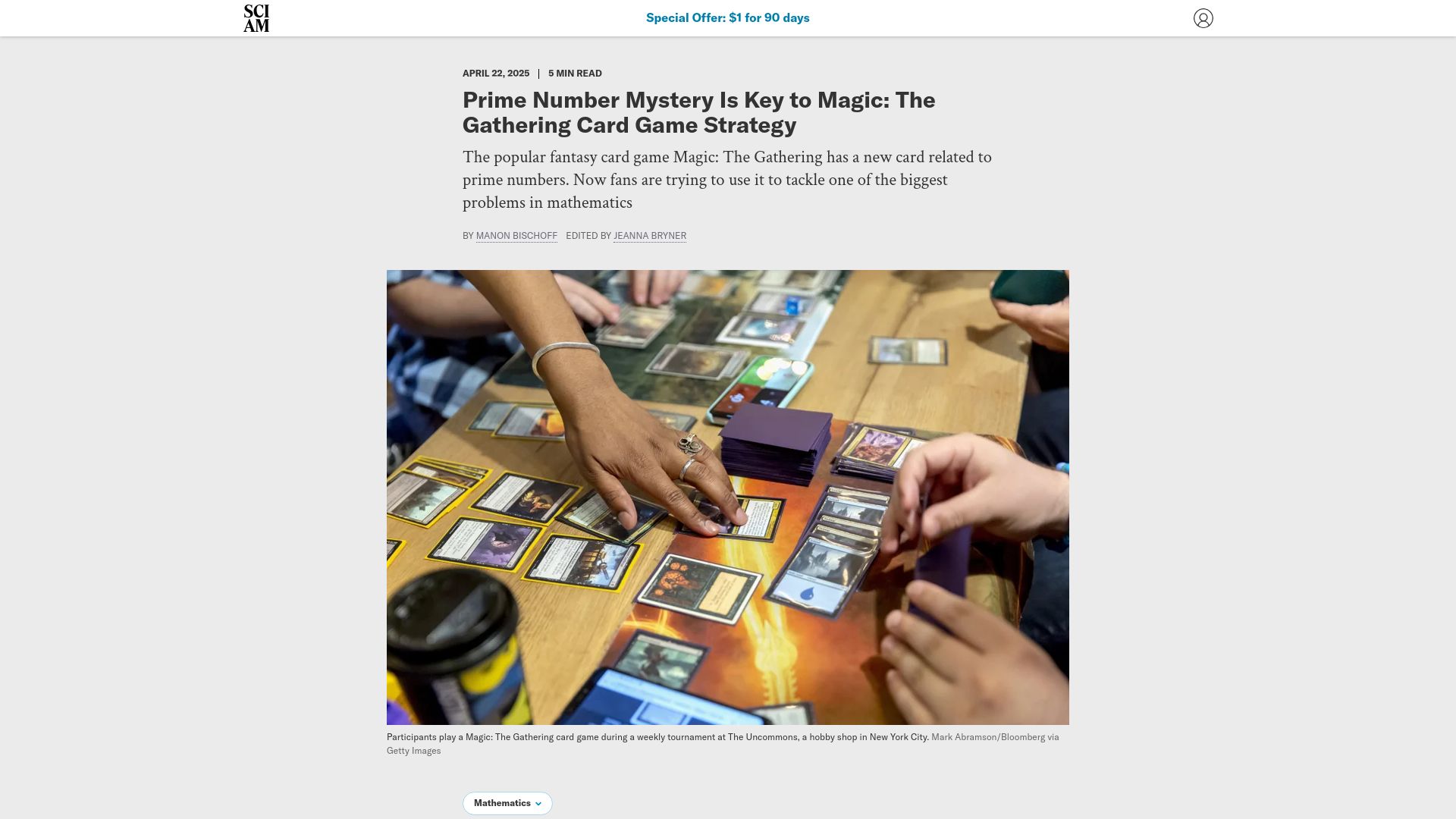 Screenshot of scientificamerican.com: Magic: The Gathering Fans Harness Prime Number Puzzle as a Game Strategy