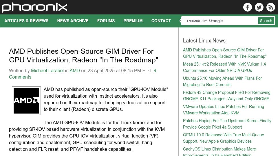 Screenshot of phoronix.com: AMD Publishes Open-Source Driver for GPU Virtualization, Radeon "In the Roadmap"
