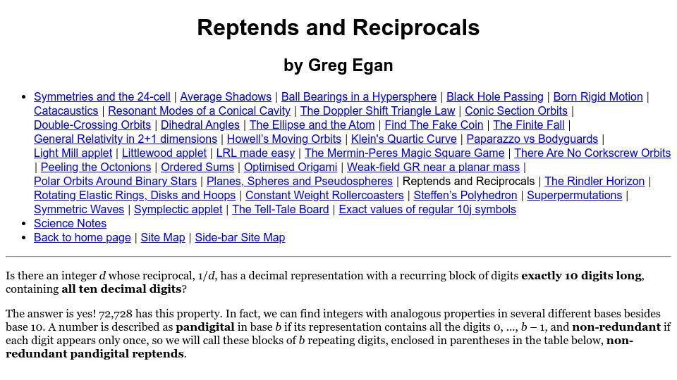 Screenshot of gregegan.net: Reptends and Reciprocals