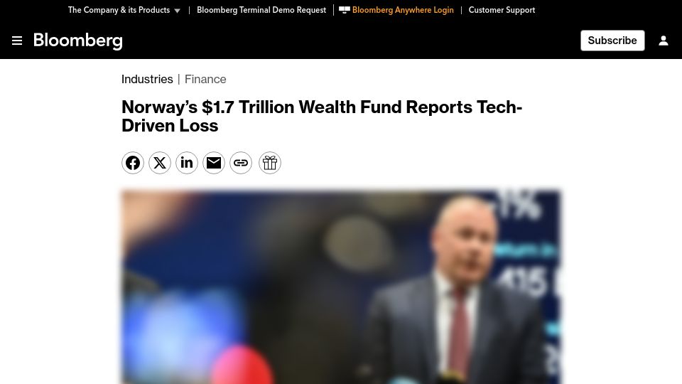Screenshot of bloomberg.com: Norway's $1.7T Wealth Fund Reports $40B Tech-Driven Loss