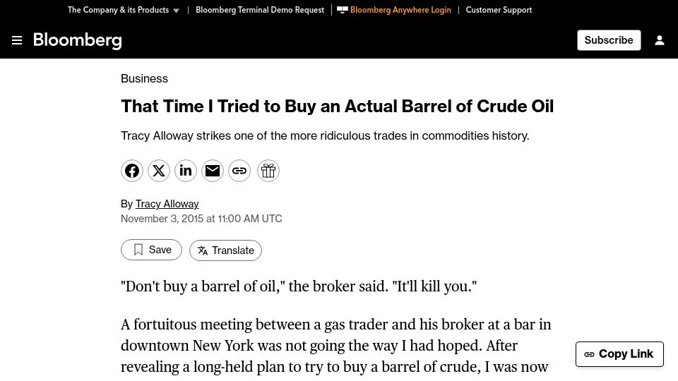 Screenshot of bloomberg.com: I Tried to Buy an Actual Barrel of Crude Oil (2015)