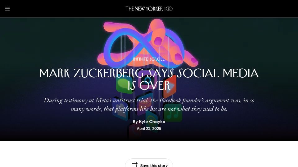 Screenshot of newyorker.com: Mark Zuckerberg says social media is over
