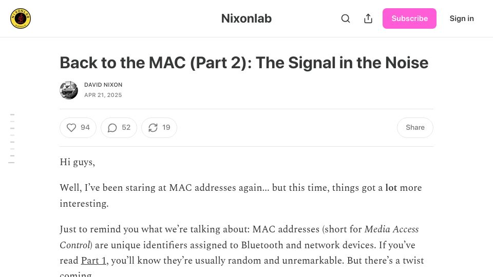 Screenshot of substack.com: Back to the MAC (Part 2): Signal in the Noise