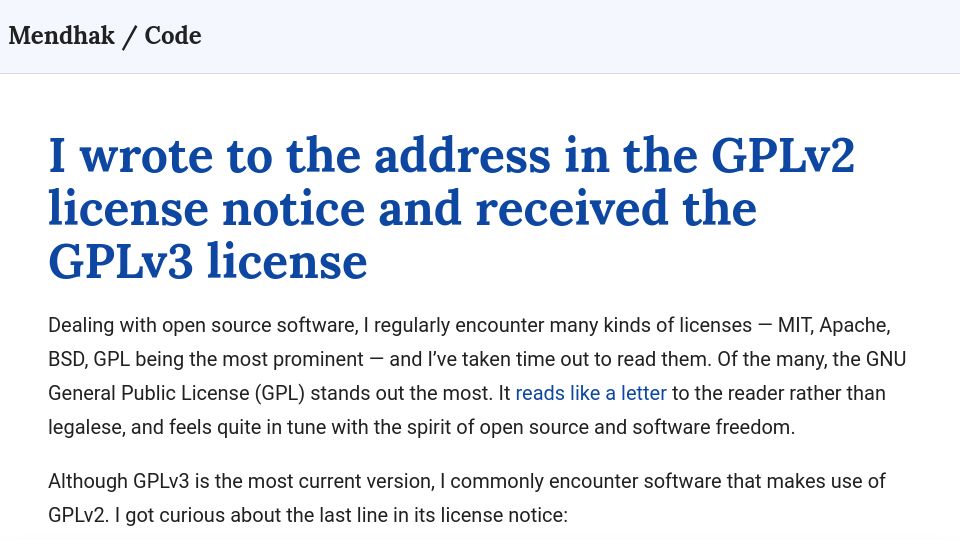 Screenshot of code.mendhak.com: I wrote to the address in the GPLv2 license notice (2022)