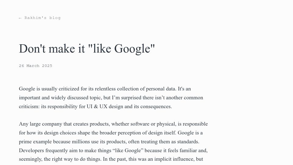 Screenshot of rakhim.exotext.com: Don't make it "like Google"