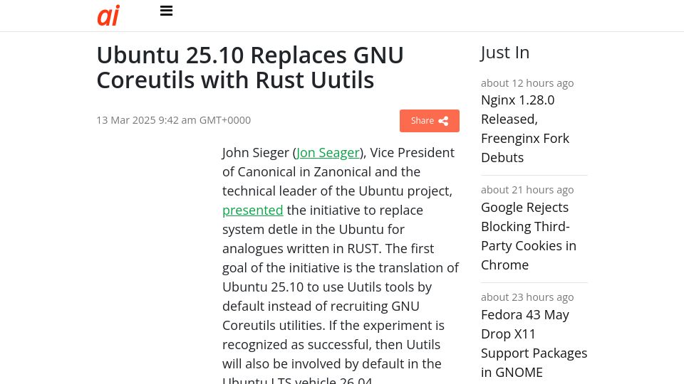 Screenshot of altusintel.com: Ubuntu 25.10 Replaces GNU Coreutils with Rust Uutils