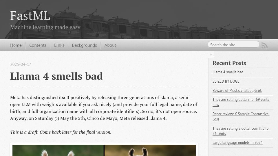 Screenshot of fastml.com: Llama 4 Smells Bad