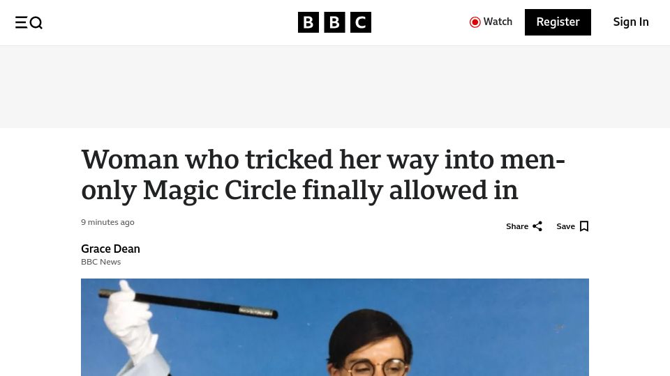 Screenshot of bbc.com: Woman who tricked her way into men-only Magic Circle allowed in