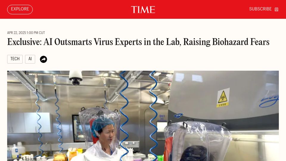 Screenshot of time.com: AI Bests Virus Experts, Raising Biohazard Fears