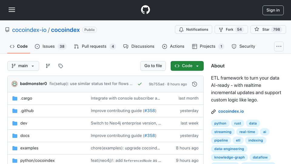 Screenshot of github.com: Show HN: CocoIndex – Open-Source Data framework for AI, built for data freshness