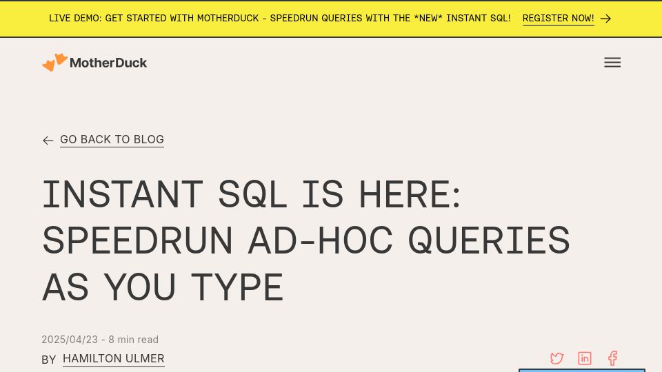 Screenshot of motherduck.com: Instant SQL for results as you type in DuckDB UI