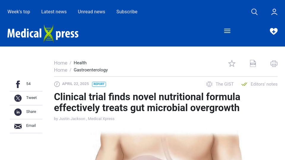Screenshot of medicalxpress.com: Clinical trial: novel nutritional formula treats gut microbial overgrowth