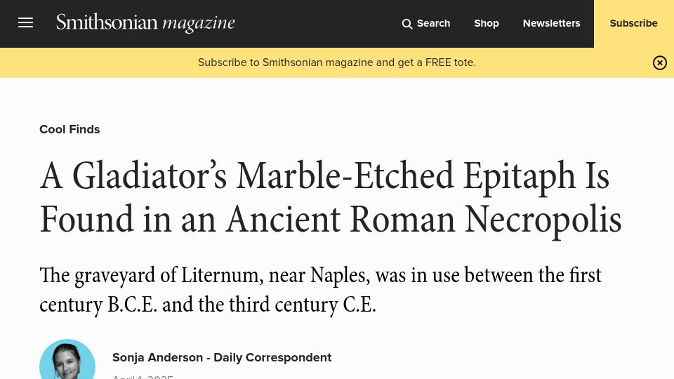 Screenshot of smithsonianmag.com: A Gladiator's Marble-Etched Epitaph Is Found in an Ancient Roman Necropolis