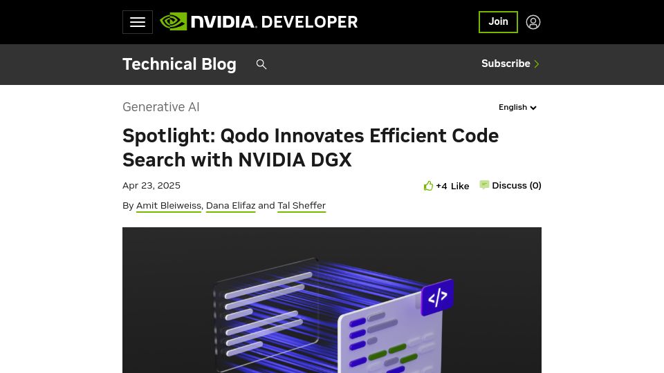 Screenshot of developer.nvidia.com: Efficient Code Search with Nvidia DGX