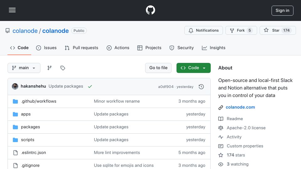 Screenshot of github.com: Show HN: Colanode, open-source and local-first Slack and Notion alternative