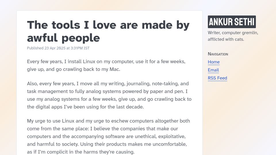 Screenshot of ankursethi.com: The tools I love are made by awful people