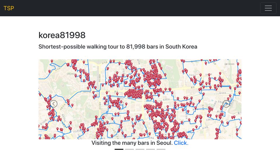 Screenshot of math.uwaterloo.ca: Shortest-possible walking tour to 81,998 bars in South Korea
