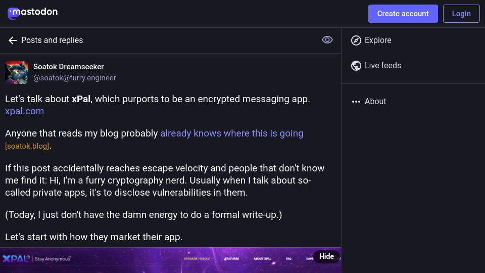 Screenshot of furry.engineer: xPal Encyrpted Messenger Security