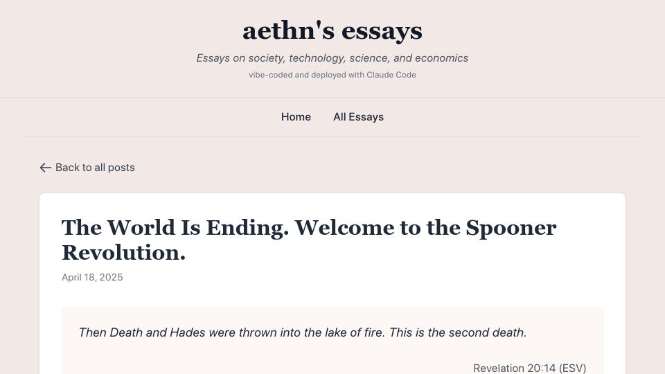Screenshot of aethn.com: The World Is Ending. Welcome to the Spooner Revolution