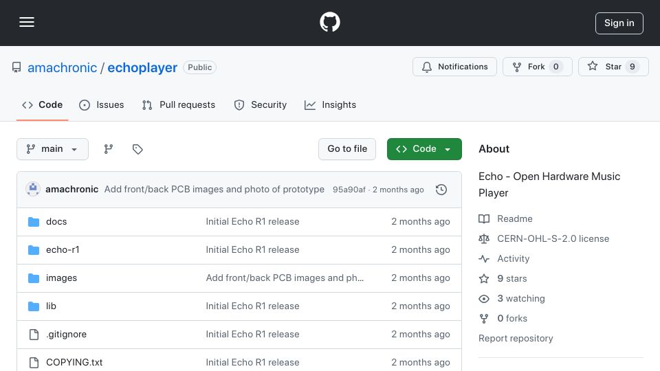Screenshot of github.com: Echo – Open Hardware Music Player