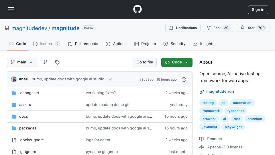 Screenshot of github.com: Show HN: Magnitude – open-source, AI-native test framework for web apps