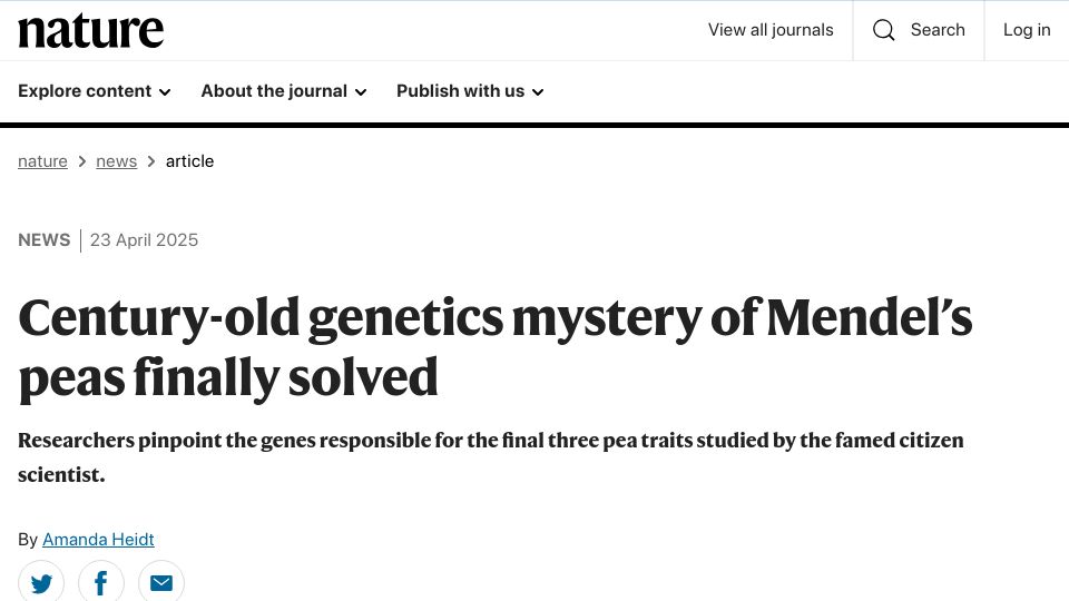 Screenshot of nature.com: Century-old genetics mystery of Mendel's peas solved