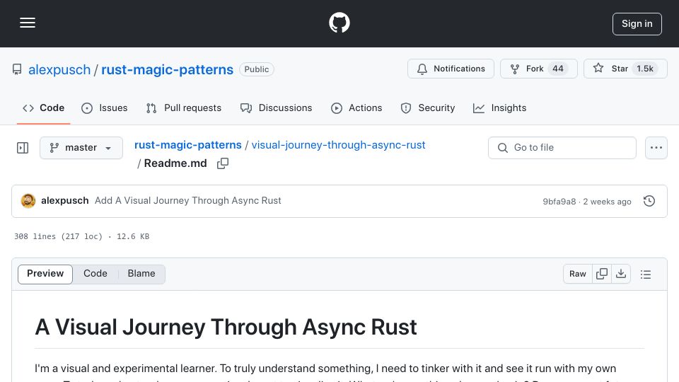 Screenshot of github.com: A Visual Journey Through Async Rust
