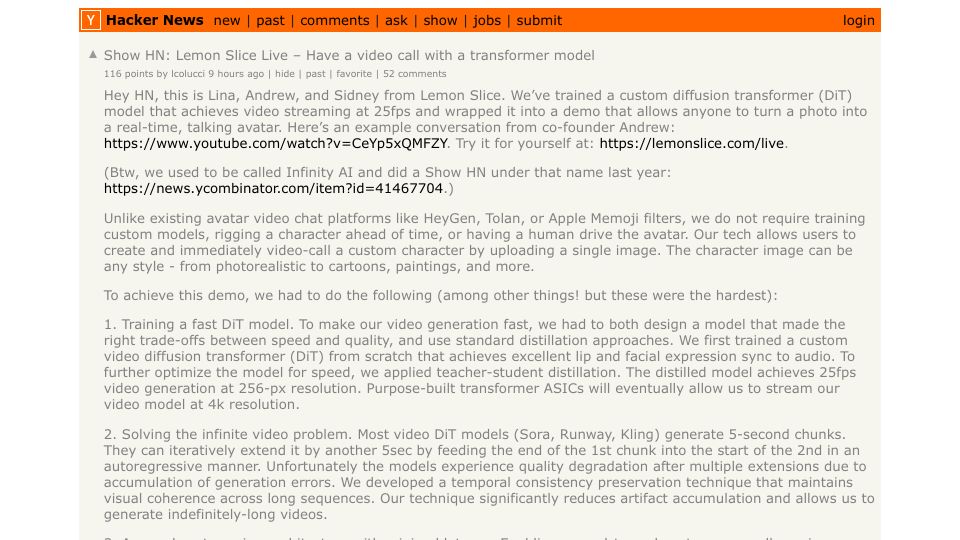 Screenshot of Hacker News post: Show HN: Lemon Slice Live – Have a video call with a transformer model