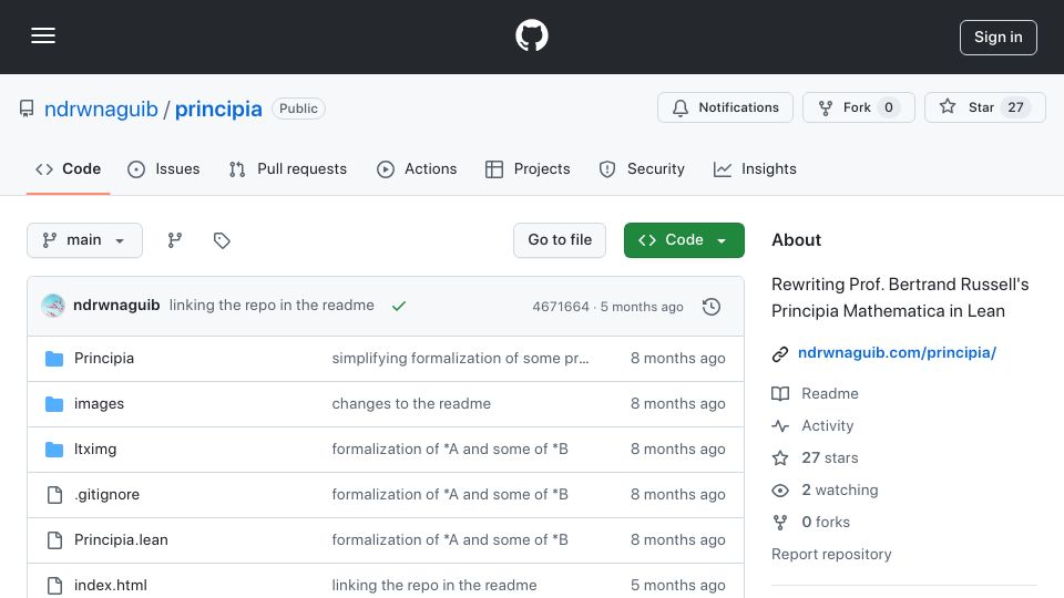 Screenshot of github.com: Show HN: Formalizing Principia Mathematica using Lean