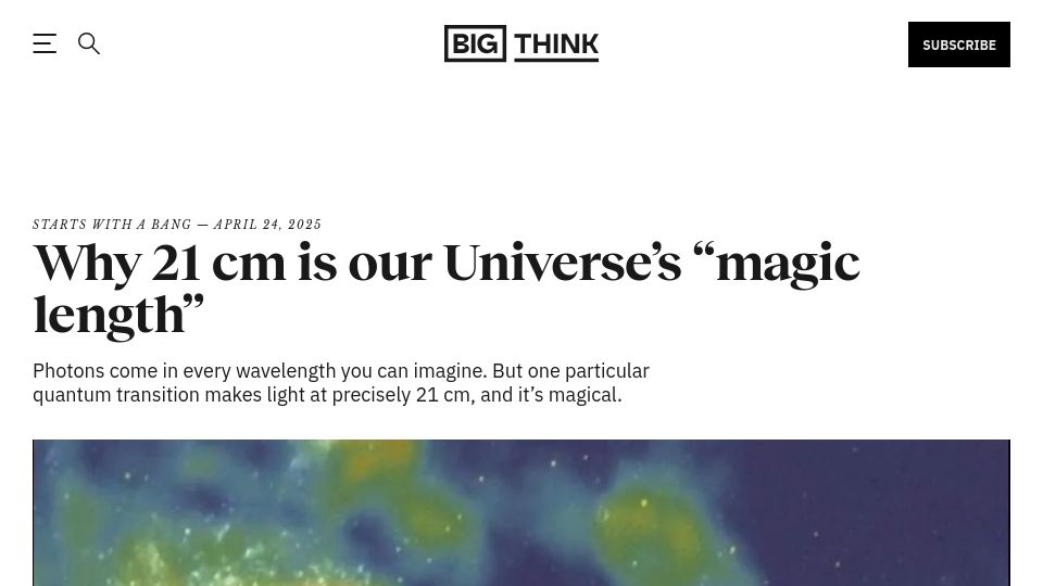 Screenshot of bigthink.com: One quantum transition makes light at 21 cm